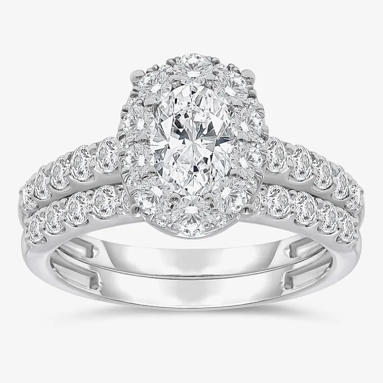 (I / I1) Womens 2 CT. T.W. Lab Grown White Diamond 10K Gold Oval Side Stone Halo Bridal Set