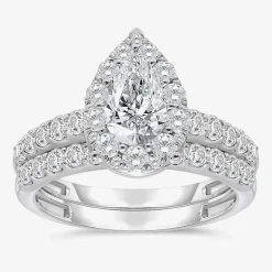 (I / I1) Womens 2 CT. T.W. Lab Grown White Diamond 10K Gold Pear Side Stone Halo Bridal Set