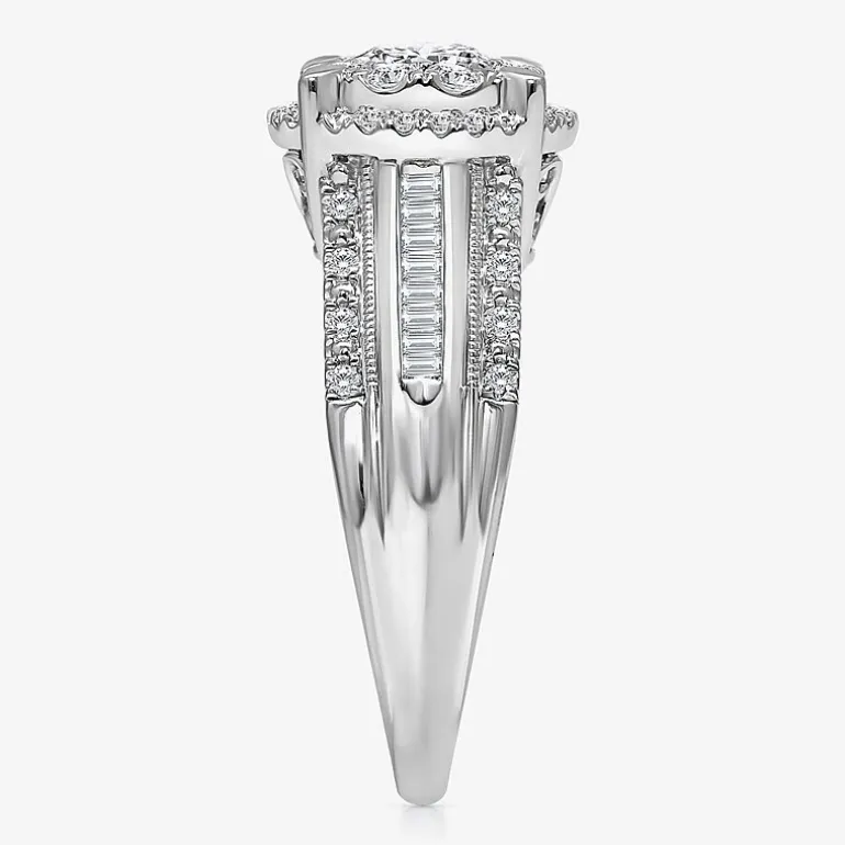 (I / I1) Womens 1 CT. T.W. Lab Grown White Diamond 10K Gold Round Side Stone Halo Engagement Ring