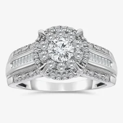 (I / I1) Womens 1 CT. T.W. Lab Grown White Diamond 10K Gold Round Side Stone Halo Engagement Ring