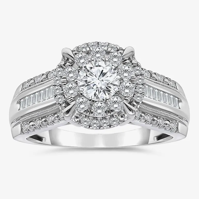 (I / I1) Womens 1 CT. T.W. Lab Grown White Diamond 10K Gold Round Side Stone Halo Engagement Ring