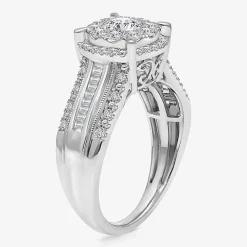 (I / I1) Womens 1 CT. T.W. Lab Grown White Diamond 10K Gold Round Side Stone Halo Engagement Ring