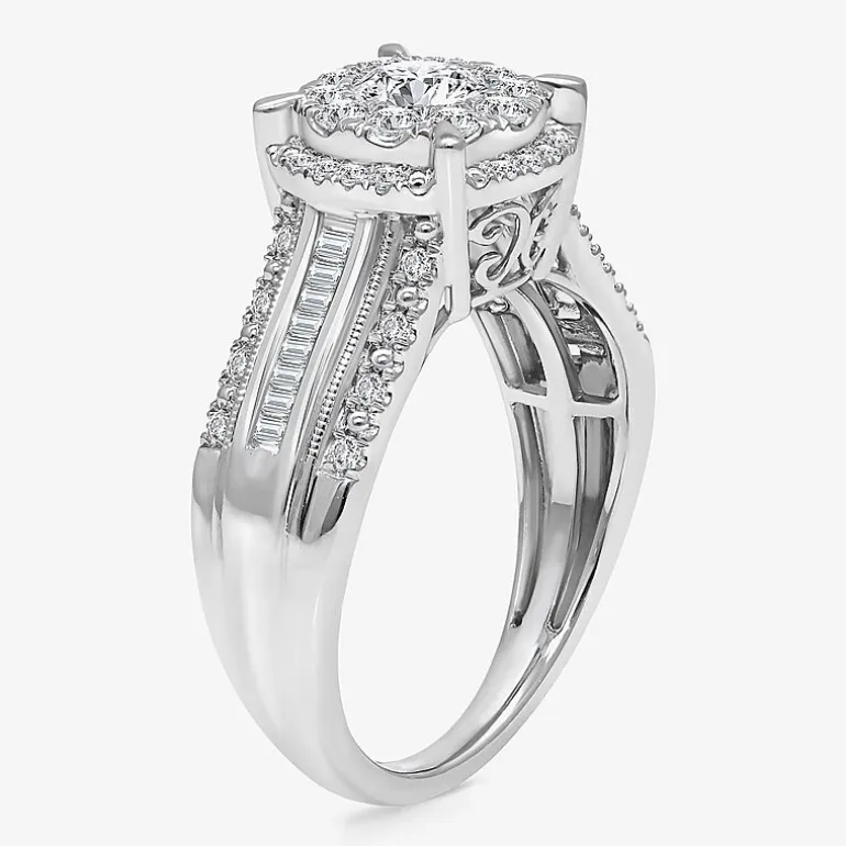 (I / I1) Womens 1 CT. T.W. Lab Grown White Diamond 10K Gold Round Side Stone Halo Engagement Ring