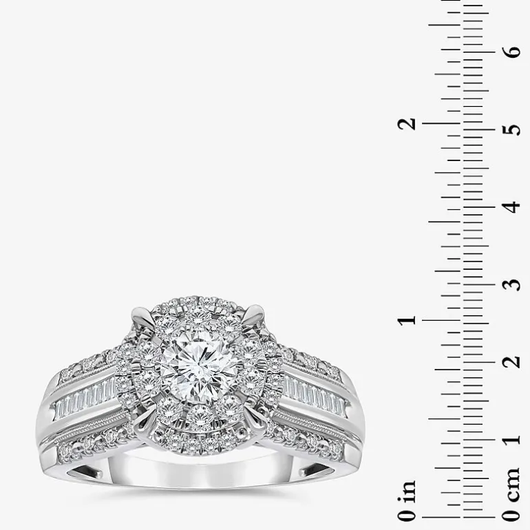 (I / I1) Womens 1 CT. T.W. Lab Grown White Diamond 10K Gold Round Side Stone Halo Engagement Ring