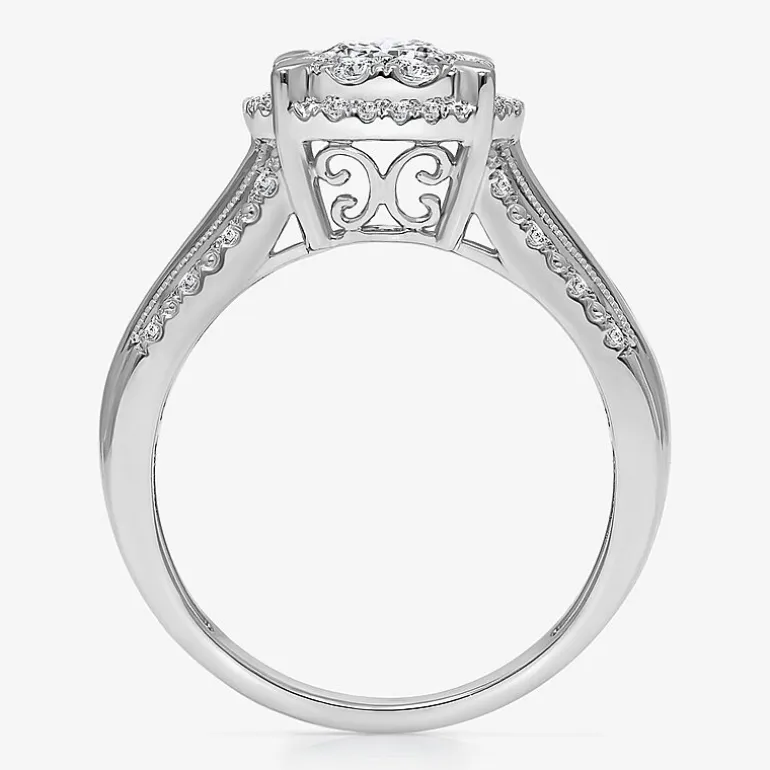 (I / I1) Womens 1 CT. T.W. Lab Grown White Diamond 10K Gold Round Side Stone Halo Engagement Ring