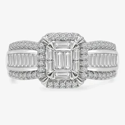 (I / I1) Womens 1 CT. T.W. Lab Grown White Diamond 10K Gold Side Stone Halo Engagement Ring