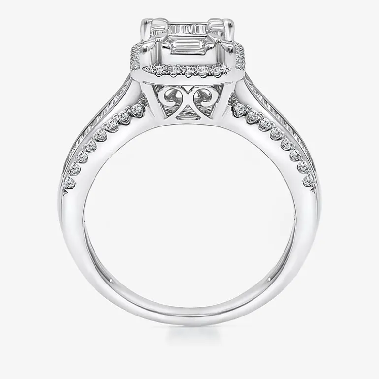 (I / I1) Womens 1 CT. T.W. Lab Grown White Diamond 10K Gold Side Stone Halo Engagement Ring