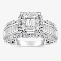 (I / I1) Womens 1 CT. T.W. Lab Grown White Diamond 10K Gold Side Stone Halo Engagement Ring