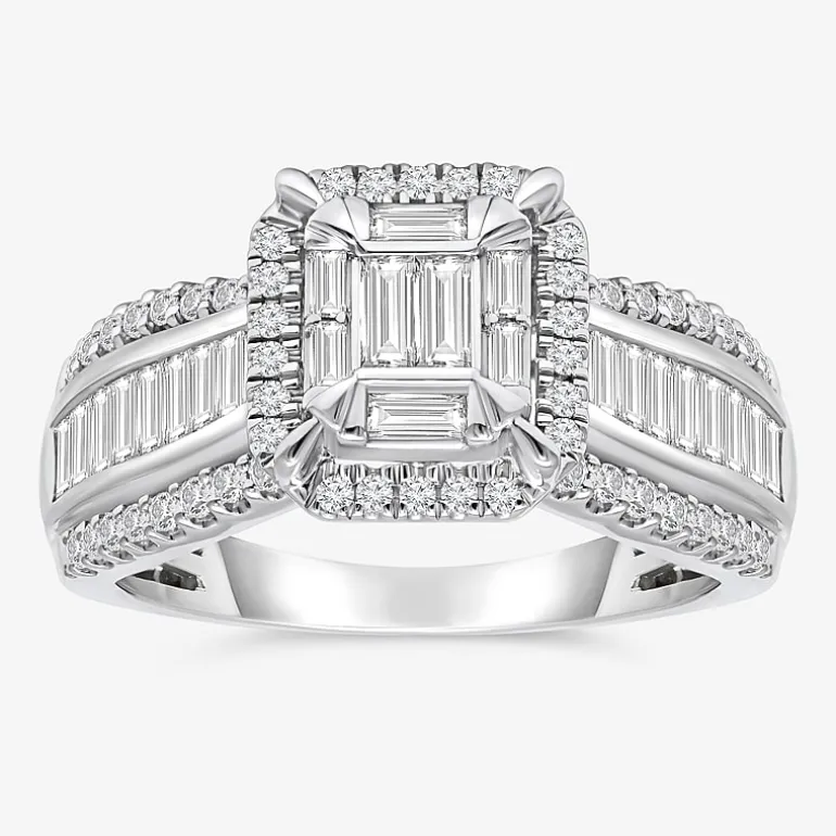 (I / I1) Womens 1 CT. T.W. Lab Grown White Diamond 10K Gold Side Stone Halo Engagement Ring