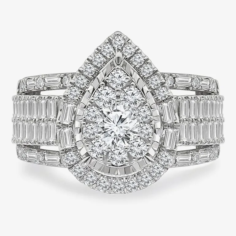 (I / I1) Womens 2 CT. T.W. Lab Grown White Diamond 10K Gold Pear Side Stone Halo Engagement Ring