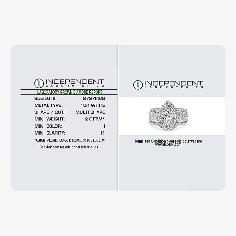 (I / I1) Womens 2 CT. T.W. Lab Grown White Diamond 10K Gold Pear Side Stone Halo Engagement Ring