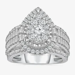 (I / I1) Womens 2 CT. T.W. Lab Grown White Diamond 10K Gold Pear Side Stone Halo Engagement Ring