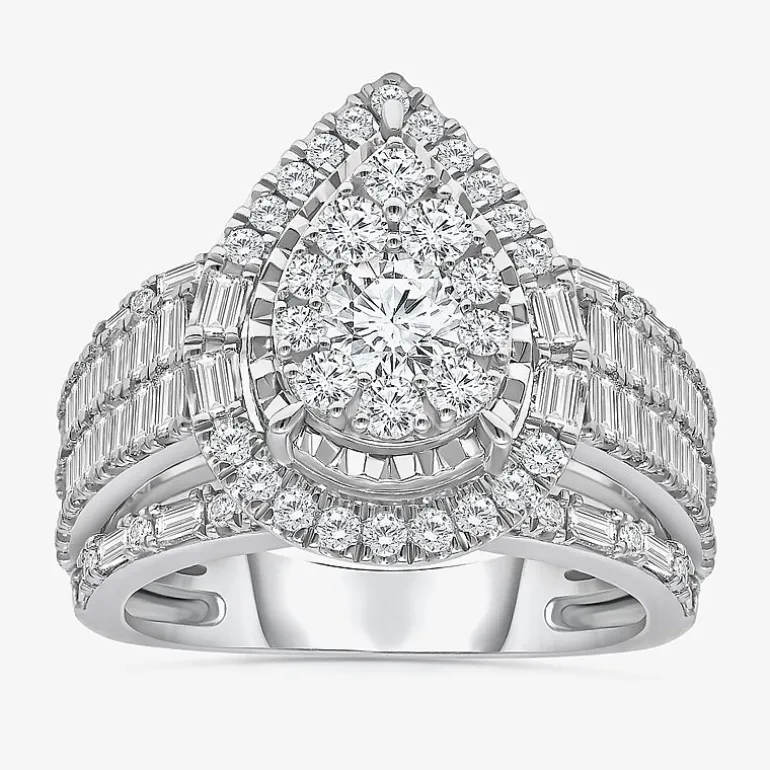 (I / I1) Womens 2 CT. T.W. Lab Grown White Diamond 10K Gold Pear Side Stone Halo Engagement Ring