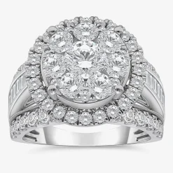 (I / I1) Womens 4 CT. T.W. Lab Grown White Diamond 10K Gold Round Side Stone Halo Engagement Ring