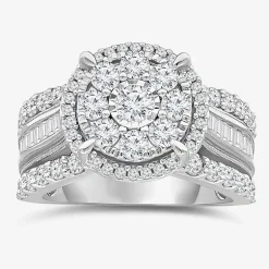 (I / I1) Womens 2 CT. T.W. Lab Grown White Diamond 10K Gold Round Side Stone Halo Engagement Ring