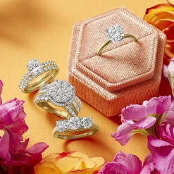 (I / I1) Womens 2 CT. T.W. Lab Grown White Diamond 10K Gold Round Side Stone Halo Engagement Ring