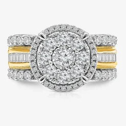 (I / I1) Womens 2 CT. T.W. Lab Grown White Diamond 10K Gold Round Side Stone Halo Engagement Ring