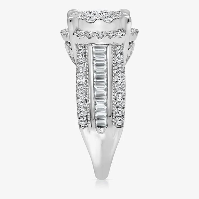 (I / I1) Womens 2 CT. T.W. Lab Grown White Diamond 10K Gold Round Side Stone Halo Engagement Ring