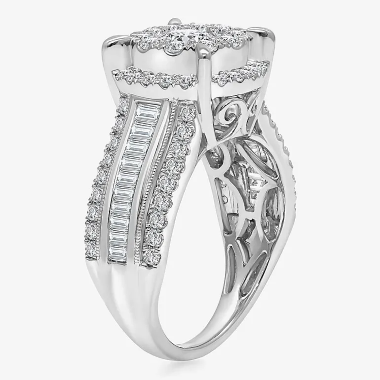 (I / I1) Womens 2 CT. T.W. Lab Grown White Diamond 10K Gold Round Side Stone Halo Engagement Ring