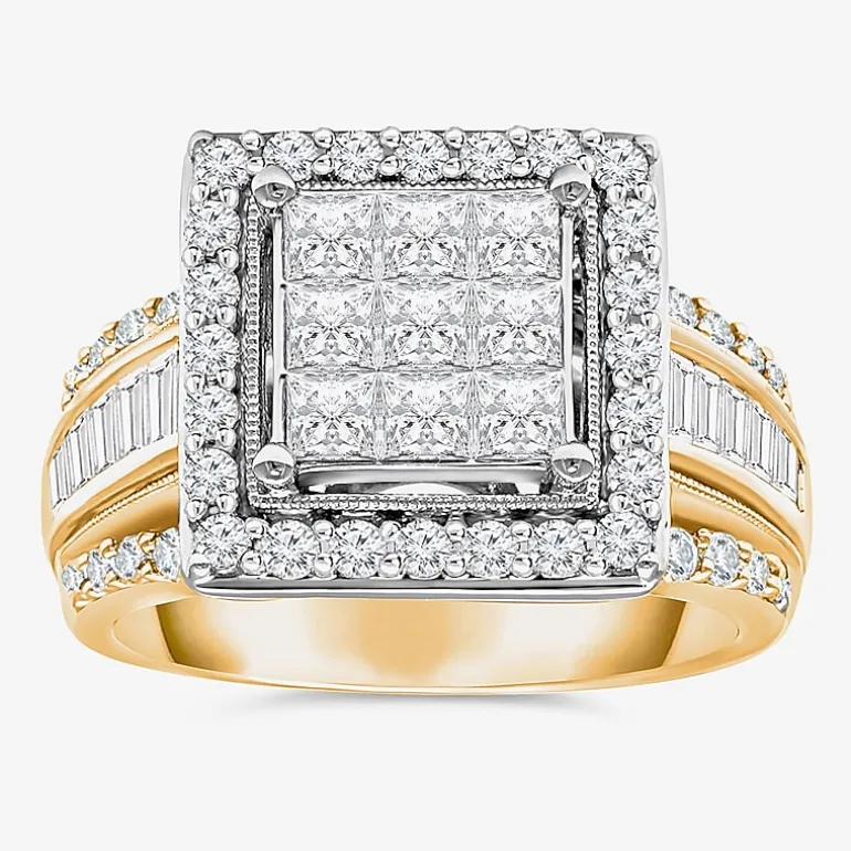 (I / I1) Womens 2 CT. T.W. Lab Grown White Diamond 10K Gold Side Stone Halo Engagement Ring
