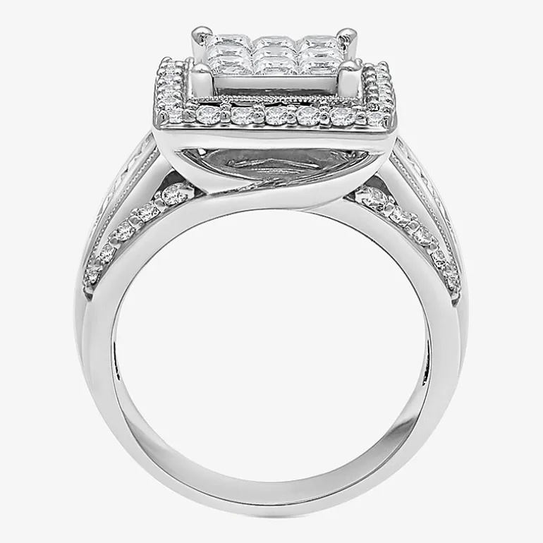 (I / I1) Womens 2 CT. T.W. Lab Grown White Diamond 10K Gold Side Stone Halo Engagement Ring