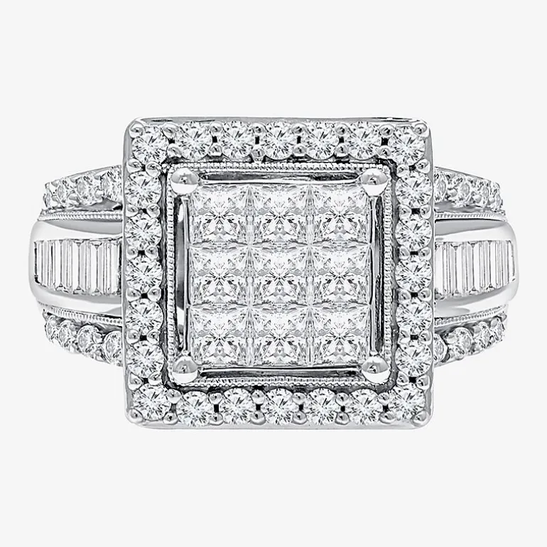 (I / I1) Womens 2 CT. T.W. Lab Grown White Diamond 10K Gold Side Stone Halo Engagement Ring