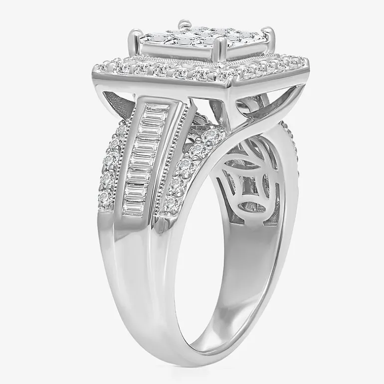 (I / I1) Womens 2 CT. T.W. Lab Grown White Diamond 10K Gold Side Stone Halo Engagement Ring