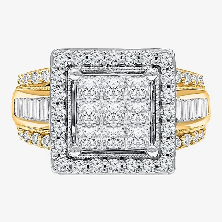 (I / I1) Womens 2 CT. T.W. Lab Grown White Diamond 10K Gold Side Stone Halo Engagement Ring