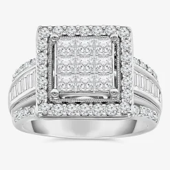 (I / I1) Womens 2 CT. T.W. Lab Grown White Diamond 10K Gold Side Stone Halo Engagement Ring