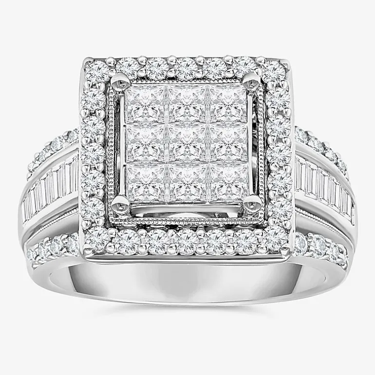 (I / I1) Womens 2 CT. T.W. Lab Grown White Diamond 10K Gold Side Stone Halo Engagement Ring