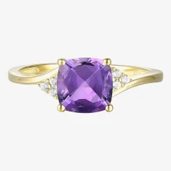 (I-J/I2-I3) Womens Diamond Accent Genuine Gemstone 10K Gold Cushion Side Stone Cocktail Ring