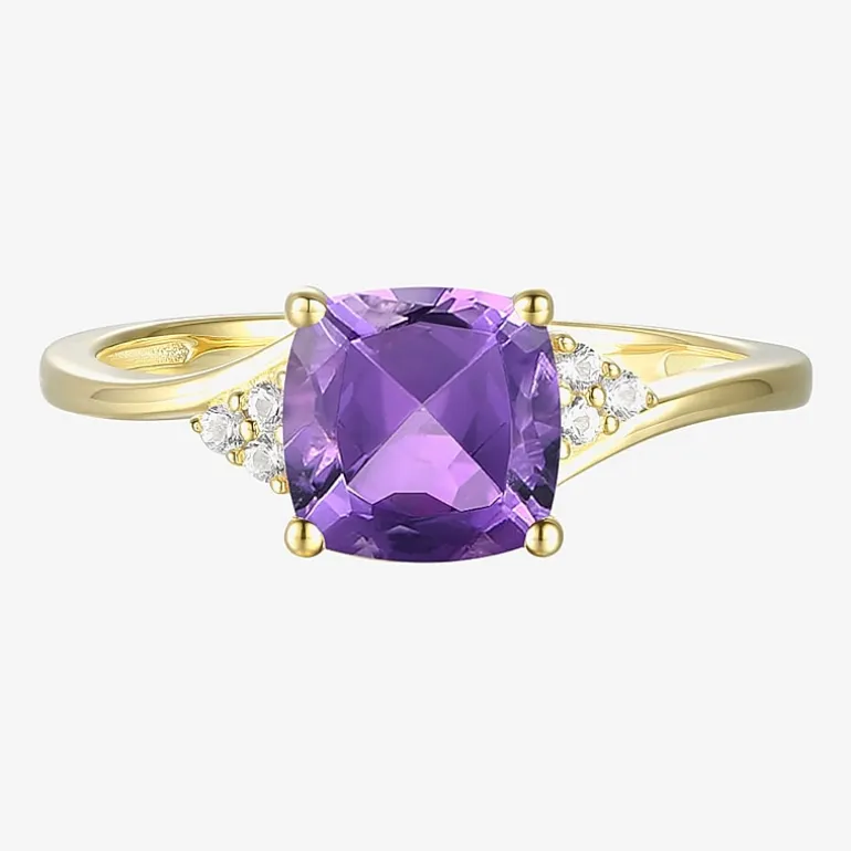(I-J/I2-I3) Womens Diamond Accent Genuine Gemstone 10K Gold Cushion Side Stone Cocktail Ring