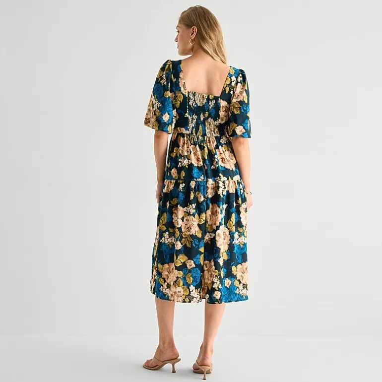 Isabel & Nina Womens Midi Round Neck Short Sleeve Floral Shift Dress