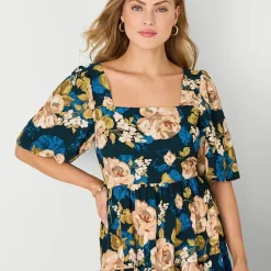 Isabel & Nina Womens Midi Round Neck Short Sleeve Floral Shift Dress