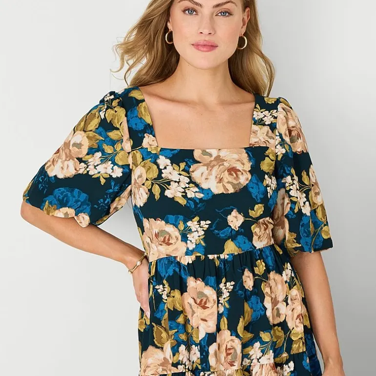 Isabel & Nina Womens Midi Round Neck Short Sleeve Floral Shift Dress
