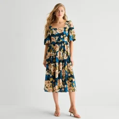 Isabel & Nina Womens Midi Round Neck Short Sleeve Floral Shift Dress