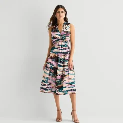 Isabel & Nina Womens Midi V Neck Sleeveless Abstract Fit + Flare Dress