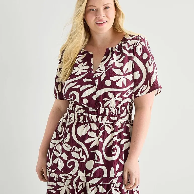 Isabel & Nina Womens Plus Midi Notch Neck Short Sleeve Flutter Abstract Fit + Flare Dress