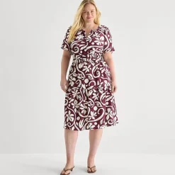 Isabel & Nina Womens Plus Midi Notch Neck Short Sleeve Flutter Abstract Fit + Flare Dress