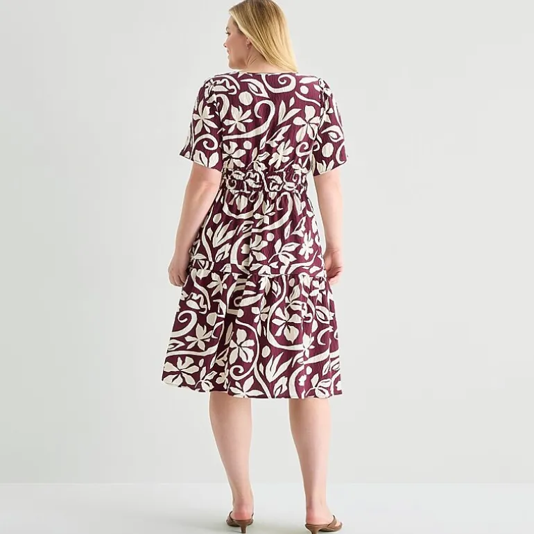 Isabel & Nina Womens Plus Midi Notch Neck Short Sleeve Flutter Abstract Fit + Flare Dress