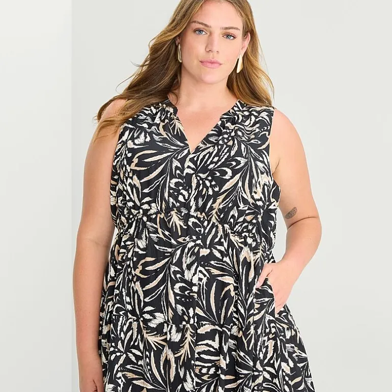 Isabel & Nina Womens Plus Midi V Neck Sleeveless Leaf Fit + Flare Dress