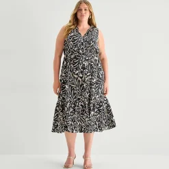 Isabel & Nina Womens Plus Midi V Neck Sleeveless Leaf Fit + Flare Dress