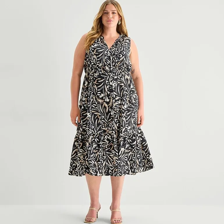 Isabel & Nina Womens Plus Midi V Neck Sleeveless Leaf Fit + Flare Dress