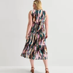 Isabel & Nina Womens Plus Midi V Neck Sleeveless Abstract Fit + Flare Dress