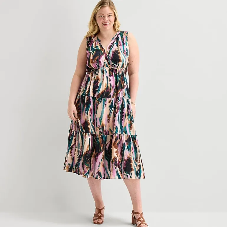 Isabel & Nina Womens Plus Midi V Neck Sleeveless Abstract Fit + Flare Dress