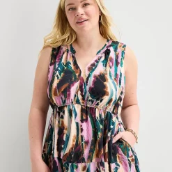 Isabel & Nina Womens Plus Midi V Neck Sleeveless Abstract Fit + Flare Dress