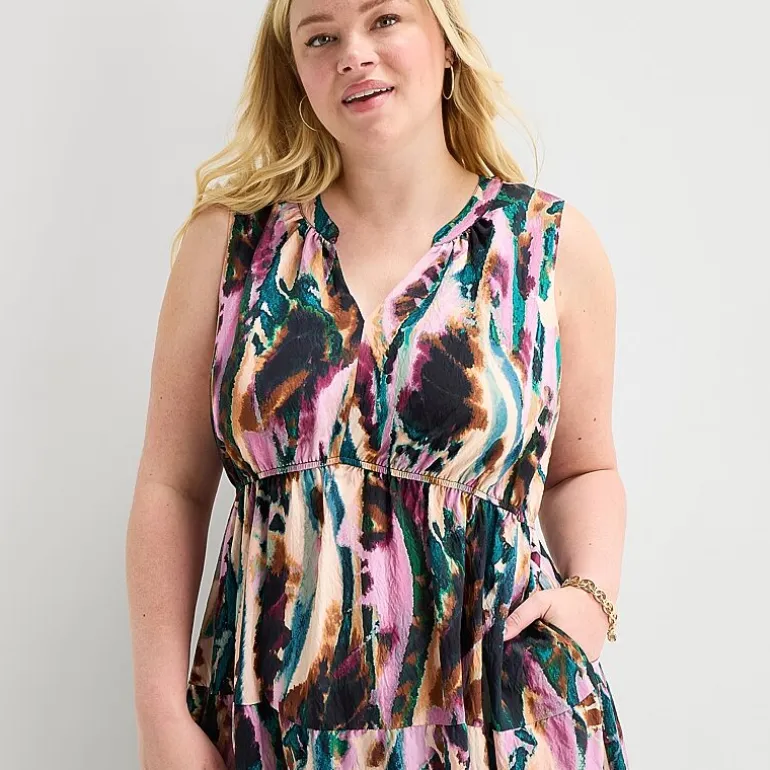 Isabel & Nina Womens Plus Midi V Neck Sleeveless Abstract Fit + Flare Dress