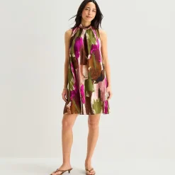 Isabel & Nina Womens Split Tie Neck Sleeveless Abstract Shift Dress