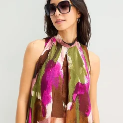Isabel & Nina Womens Split Tie Neck Sleeveless Abstract Shift Dress