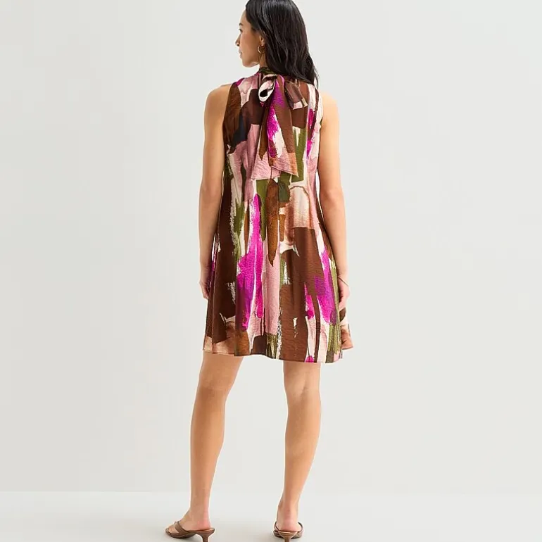 Isabel & Nina Womens Split Tie Neck Sleeveless Abstract Shift Dress